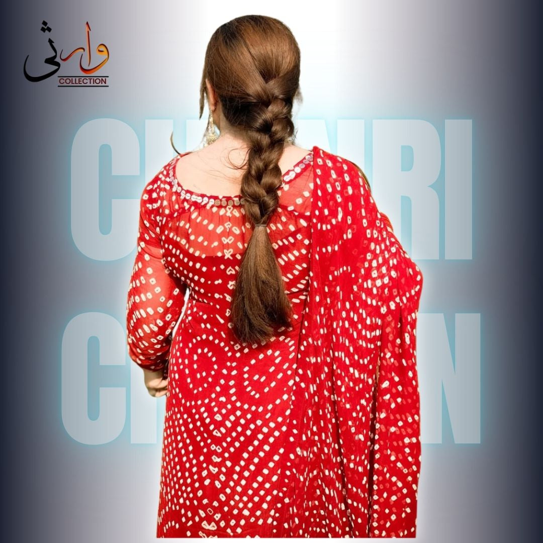 πΈ Handmade Chiffon Chunri Collection β 3 Piece Suit Red Colour πΈ