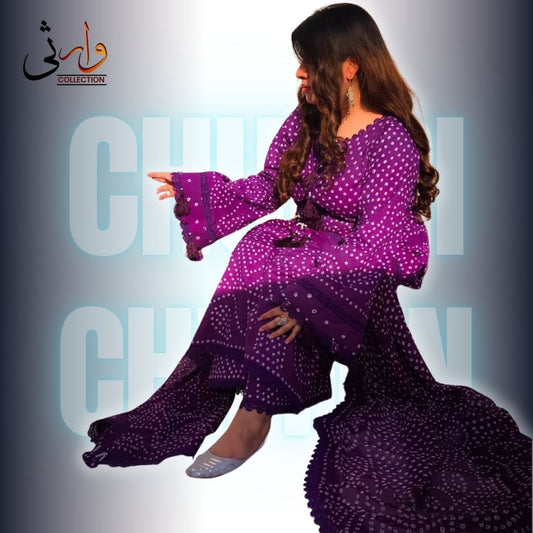 🌸 Handmade Chiffon Chunri Collection – 3 Piece  Purpal Suit 🌸
