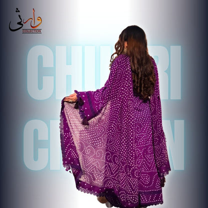 🌸 Handmade Chiffon Chunri Collection – 3 Piece  Purpal Suit 🌸