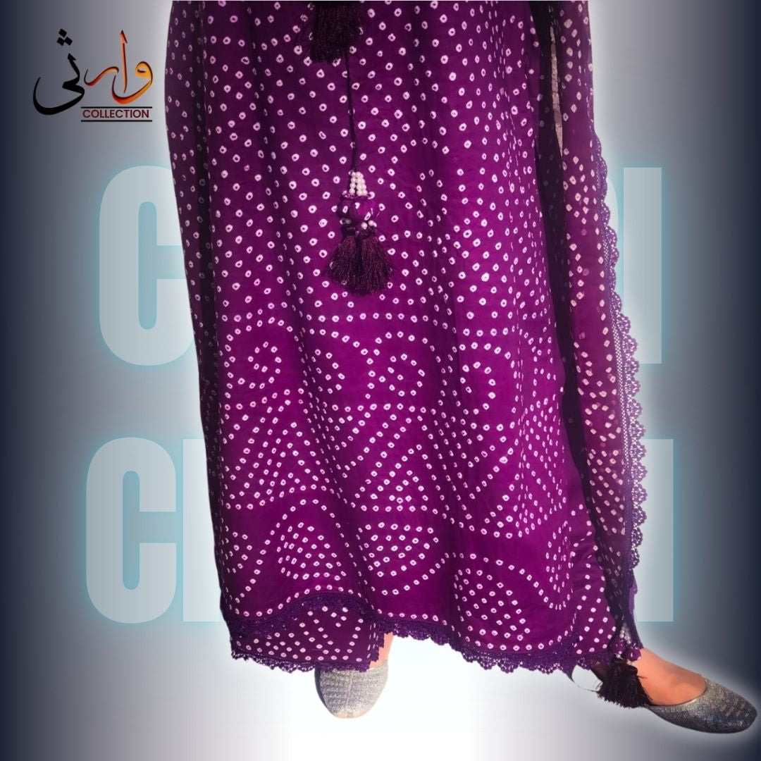 🌸 Handmade Chiffon Chunri Collection – 3 Piece  Purpal Suit 🌸