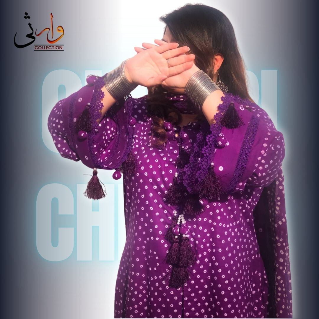 🌸 Handmade Chiffon Chunri Collection – 3 Piece  Purpal Suit 🌸