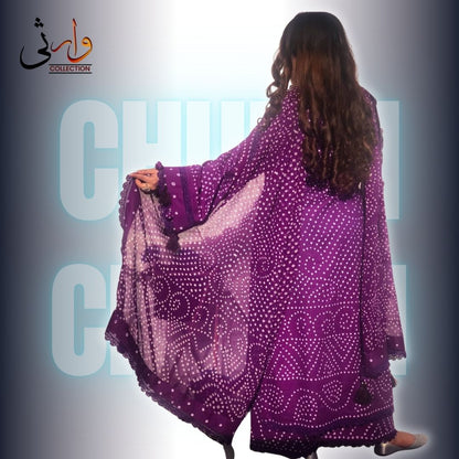🌸 Handmade Chiffon Chunri Collection – 3 Piece  Purpal Suit 🌸