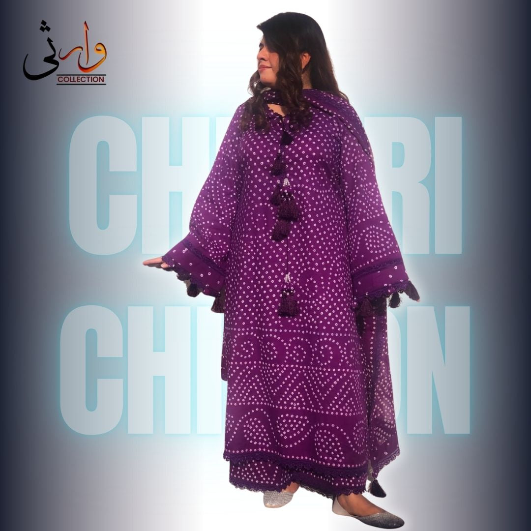 🌸 Handmade Chiffon Chunri Collection – 3 Piece  Purpal Suit 🌸