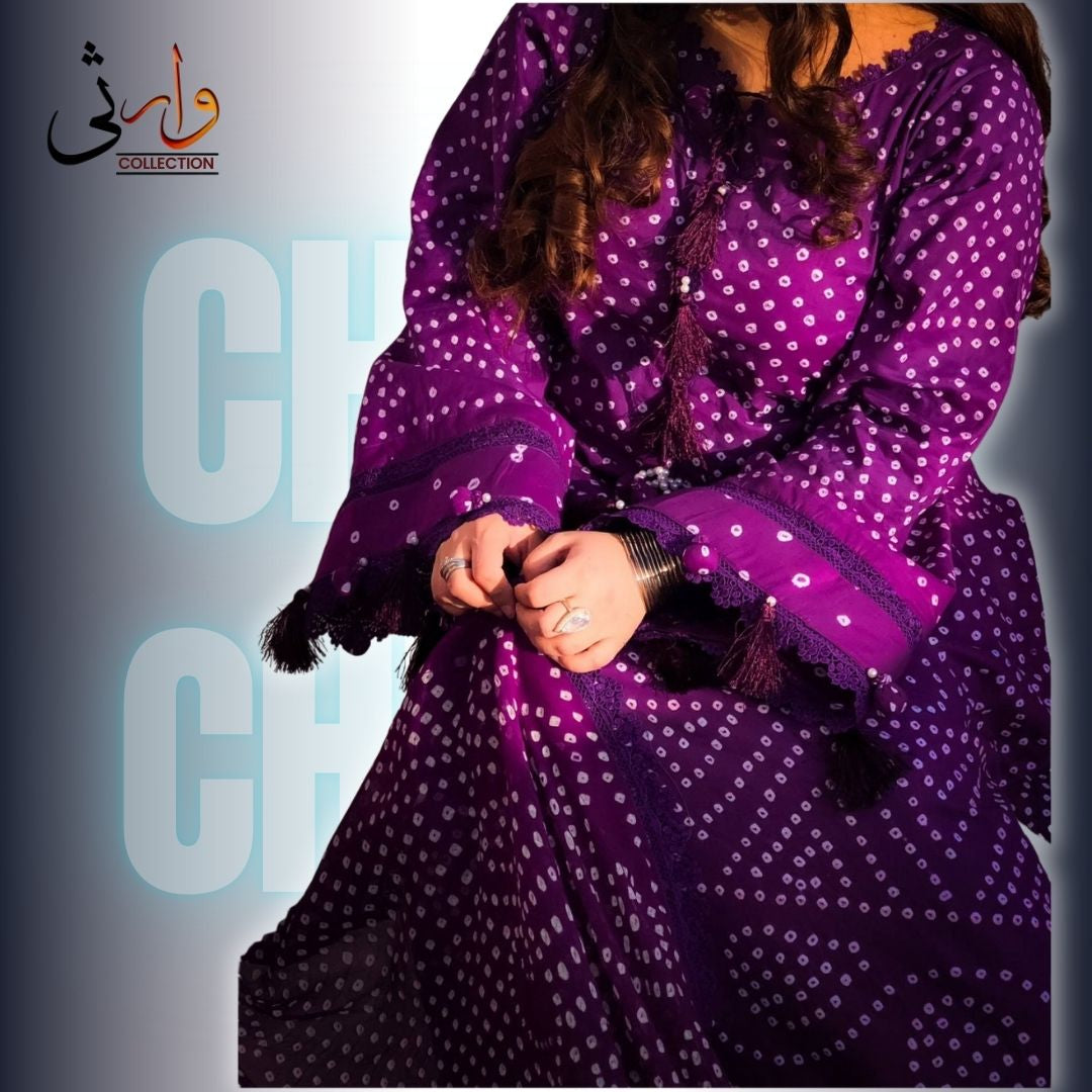 🌸 Handmade Chiffon Chunri Collection – 3 Piece  Purpal Suit 🌸