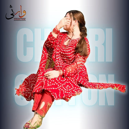🌸 Handmade Chiffon Chunri Collection – 3 Piece Suit Red Colour  🌸