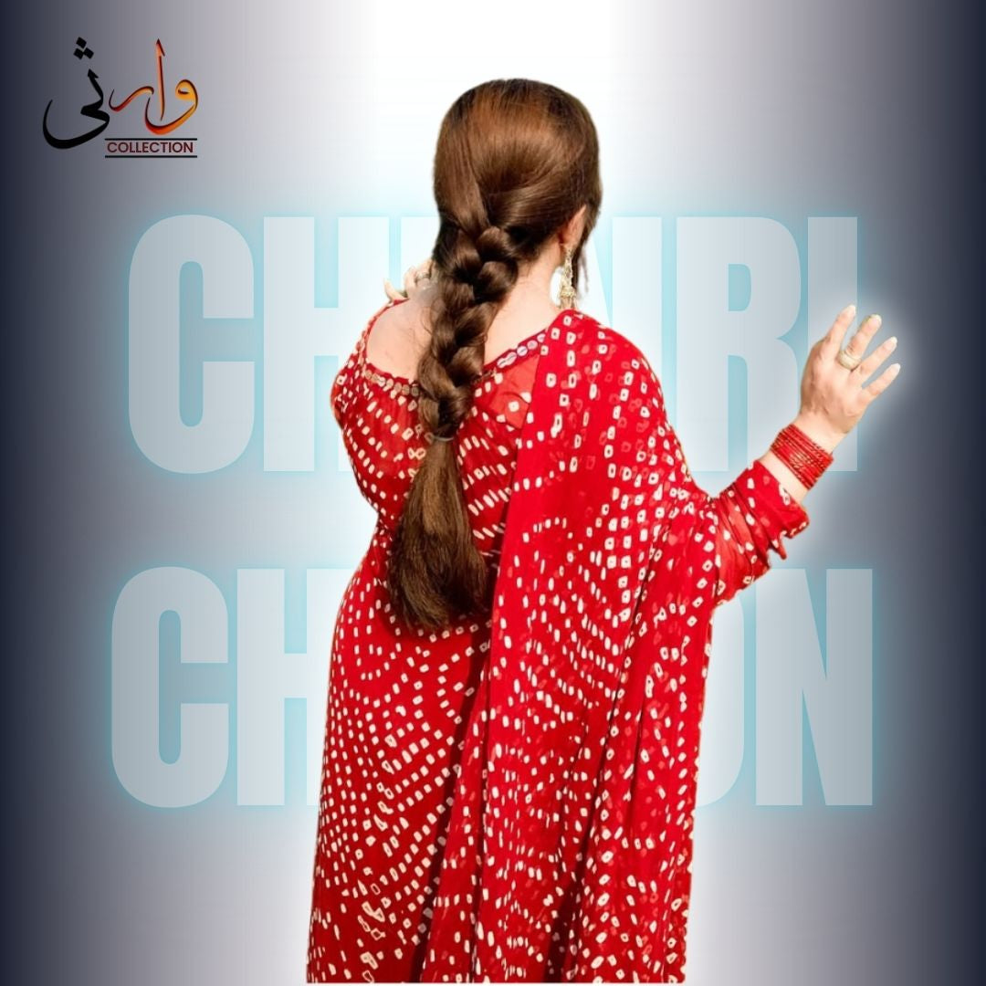 🌸 Handmade Chiffon Chunri Collection – 3 Piece Suit Red Colour  🌸
