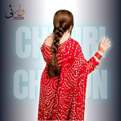 🌸 Handmade Chiffon Chunri Collection – 3 Piece Suit Red Colour  🌸